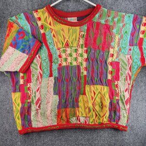 COOGI Australia Short Sleeve Sweater Knit Intricate Colorful Large Patchwork Art